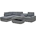 Western Grey Fabric Corner Sofa With Cup Holder & Ottoman - L shape High Back Suite For Living Room - Cheap Sofas & Couches-3020 (Left Hand Side)