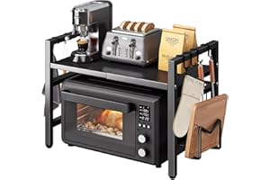 UBRAVOO Adjustable Microwave Oven Rack with Hooks, 100 kg Capacity, Space-Saving Kitchen Shelf with Storage Organizer (Black)