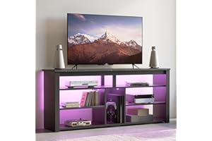 Bestier Mueble de TV Alto para televisores de 65", Soporte para TV con Almacenamiento para PS5, Consola de TV LED con Estante Ajustable para Sala de Estar, mármol Negro
