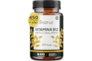 INATUR LAB Vitamina B12 1000 mcg - 450 Comprimidos de Alta Potencia (Suministro para 15 Meses) | Apoya Energía, Metabolismo y Sistema Nervioso | Metilcobalamina de Alta Absorción, Vegano, Sin Lactosa, Sin OGM