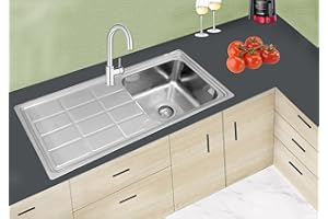 Omeere 100 Lx46B, grande, fregadero empotrado de acero inoxidable 304, grosor del material: 0,8 mm, fregadero de cocina rectangular, 1 cuenca cuadrada (estante izquierdo)