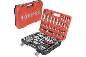 ISE Cassetta Attrezzi Professionale - Set di Utensili 108 Pezzi, Cacciaviti e Accessori, per Fai da Te e Lavori Domestici, Set di Chiavi a Bussola da 58 Pezzi, Cassetta Attrezzi Chiavi a Cricchetto