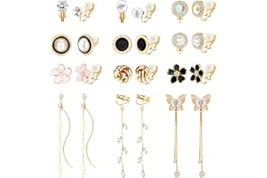 Dochais 12 Paires De Boucles d'Oreilles à Clip Pour Femmes, Boucles d'Oreilles à Clip En Argent, Boucles d'Oreilles Non Percées Hypoallergéniques, Avec Perles, Fleurs Et Papillons