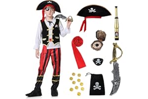 KUKIKUKI Déguisement de Pirate pour Enfant, Deguisement Pirate Garçon Pirate Costume Kids avec Accessoires Set, Déguisement de Pirate d'Halloween Carnaval pour enfants de 3 4 5 6 7 8 9 10 11 12 ans