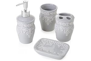 BARONI HOME MONTEMAGGI, 4-teiliges Bad-Set aus Keramik, Hellgrau Inklusive Spender, Zahnbürstenhalter, Becher und Seifenschale