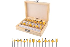Gueenky 15 Pièces Coffret Fraise Défonceuse, Fraise Defonceuse 6,35 mm en Carbure de Tungstène, Coffret de Fraises pour Défonceuse Tige de 1/4", Kit Fraise Defonceuse pour Travail du Bois