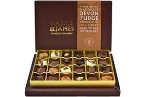 Harris & James Devon Fudge 24 Piece Gift Box. Handmade Luxury Fudge - Barista, Madagascan Vanilla, Pecan, Rum & Raisin, Salted Caramel & Zesty Stem Ginger. Enrobed In Our Bean To Bar Chocolate.