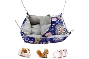 Little Bean Rat Hammocks Hanging Guinea Pig Bed Soft Hamster Bed Warm Chinchilla House Plush Glider Small Animal Beds for Playing Sleeping (Blue, 2 in 1)