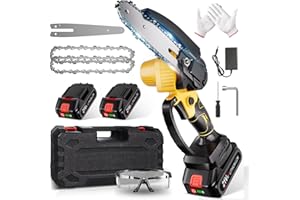 ZARKH Mini Chainsaw Cordless 6 Inch, High Power Brushless Motor, Twin 21V 3.0Ah Batteries & 2 Chains, Lightweight 1.1kg, Safety Lock Included, Tree Branch Cutter, Garden Tool (Yellow)