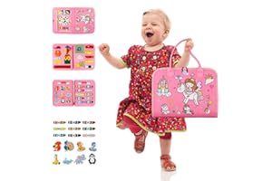 Alljia Busy Board for 1 Year Old Girls, 1st First Birthday Gifts - Montessori Busy Board to Learn Basic Life Fine Motor Skills for Age 1 2 3, Toddlers Plane Toys for Travel (Pink)