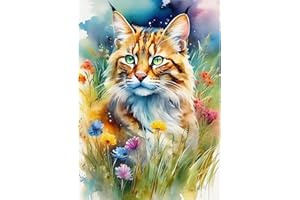 Jawecci Cat Diamond Painting Kits for Adults Beginners - Wild Flowers Diamond Art Kits for Adults, 5D Round Full Drill Diamond Painting DIY Gifts for Home Decor 30x40cm