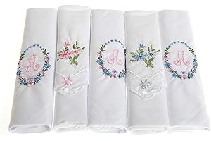 Surf the Shop Pack of 5 Ladies Initial Embroidered White Handkerchiefs with Satin Border and Matching Floral Handkies, Various Letters