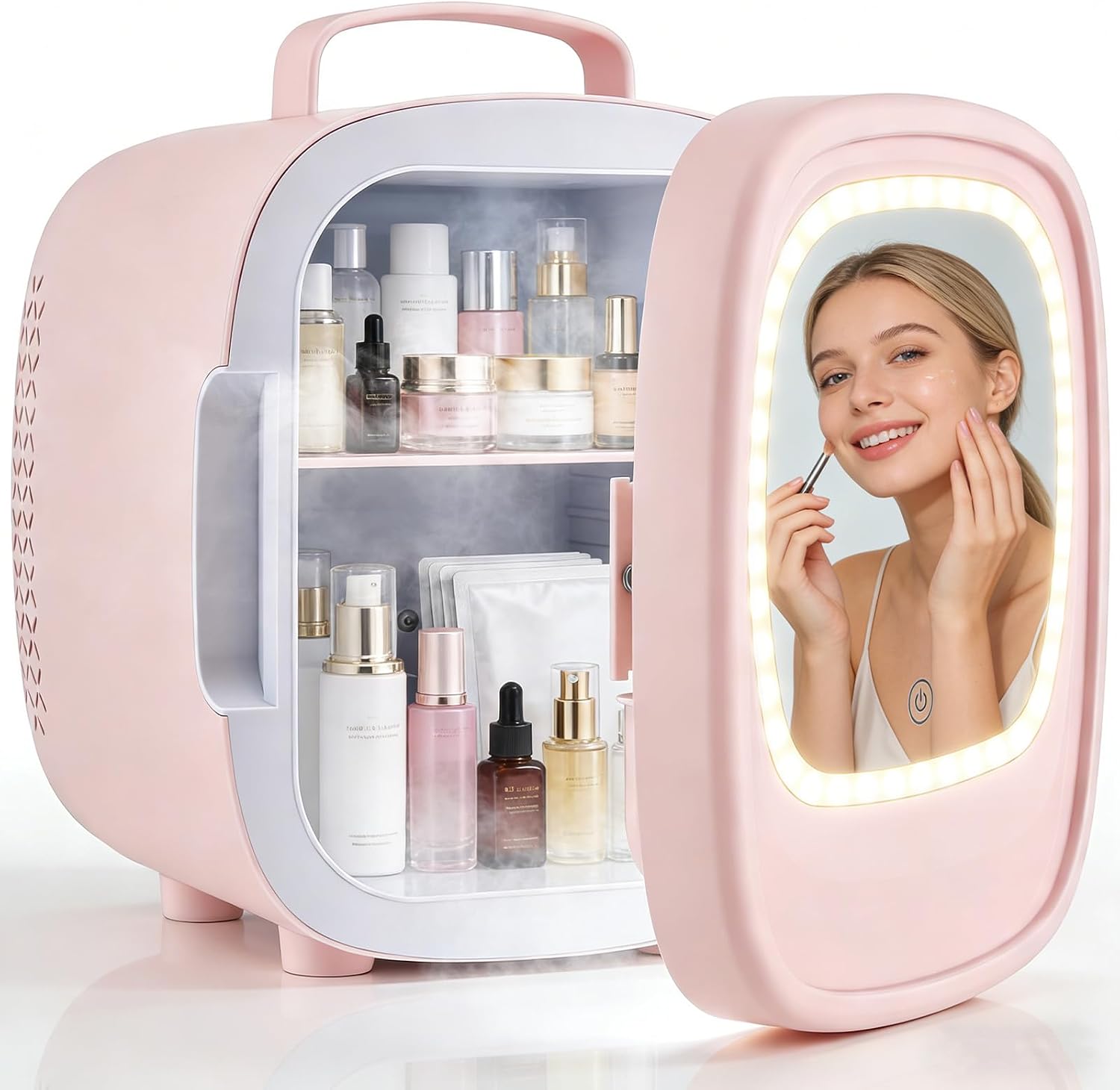 Nevera Pequeña de Cosméticos 6L, Mini Nevera para Dormitorio con Espejo LED, Frigorífico Cosmético Portátil, Enfriamiento y Calentamiento AC/DC, para Cuidado de la Piel, Bebidas, Coche (Rosa)