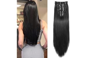 JIAMEISI 22 Inch Long Straight Clip in Hair Extensions 180 Grams 12PCS Clip in Synthetic Fiber Hair Extensions Natural Black Full Head Double Weft Hairpieces for Women
