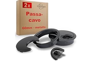LouMaxx Guidacavi Ø 60 mm – Set di 2 pezzi in metallo nero – passacavi con guarnizione antipolvere – per una maggiore organizzazione