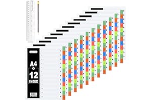 JTOOYS A4 Wide Colour Tabs (10 Pack) File Dividers Extra Wide Colored Mylar Multi Colors 1-12-Part Multipurpose Porous Index Dividers A4 File Dividers Ring Binder Dividers