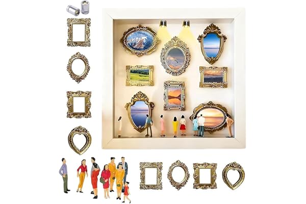 Mini museum silhuettbox, ny kreativ bildram gör-det-själv-set med LED-ljus, minnesindikator med 8 mini gyllene ramar och 8 slumpmässiga figurer, jubileumsgåvor idéer heminredning