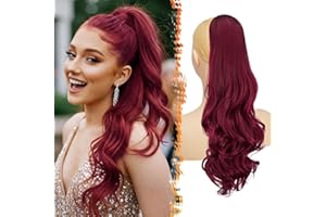 BARSDAR Borgoña Rojo Cola de Caballo Extensiones con Cordón, 50cm Ondulado Peine Clip in Cola de Caballo Extensiones Pelo para Mujer Sintetico Natural Rizado Rojo Postizos Ponytail Extension