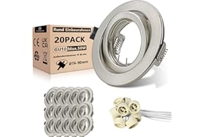 UNIKCST Set de Focos Empotrables GU10, 20x Marcos de Montaje en Metal Cepillado con Casquillo Cerámico GU10, Ø76-90 mm, Orientables a 30°, Para Lámparas LED o Halógenas, Diámetro de 98 mm, Forma Redonda