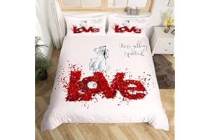 FEELINGYOU Hochzeitspaar Bettbezug 200×200 für Kinder, Braut und Bräutigam Print Bettwäsche Set Room Decor Geschenk Trösterbezug,Rote Rose Love Print Bettbezug mit 2 Kissenbezügen, 3 Stück, Weich