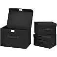 DIMJ 3 Pack Foldable Storage Boxes with Lids - Collapsible Storage Bin with Handle, Fabric Storage Basket Organiser Box for Wardrobe, Closet, Shelf, Office (Black)
