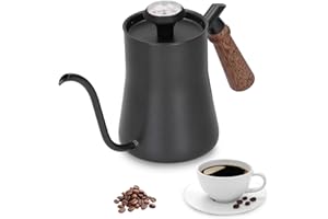 DEROR Bouilloire à col de cygne 650 ml, verser sur la bouilloire à induction avec thermomètre, bouilloire à café en acier inoxydable(Le noir)