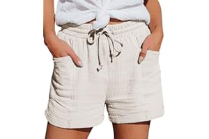 KEIZHUONIQIU Damen Shorts Sommer Mode Lässige Musselin Hose mit hoher Taille Gerades Bein Gummiband Freizeit Shorts Elastische Stoffhose Sport Lässige Lockere Shorts mit Kordelzug Kurze Hose mit Taschen