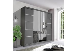 German Sliding Wardrobe Spacious Bedroom Sliding Wardrobe - Sleek and Functional Design comes in White/Grey/Black/Oak and Width 150cm/180cm/203cm/250cm (Grey, 180cm)