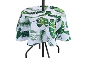 3E Home Outdoor Table Cloth with Parasol Hole,Splashproof Patio Round Tablecloth with Zipper for Garden Picnic BBQ Party[52 inches (132 cm) Palm leaf]