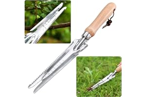 LANFLY Garden Weeding Tools Multifunctional Manual Weeder Stainless Steel Weed Remover Tool, Wooden Handle Weeder with Measure, Dandelion Removal Tool Hand Weed Puller for Garden Yard Patio Lawn Transplant