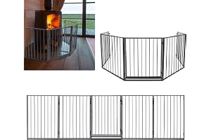 MAYTIIMO Kaminskydd med dörr, svart ugnsskyddsgaller 5 delar, total längd 305 cm, dörrskyddsgaller, vikbar, avspärrningsgaller lekhage för barn, husdjur