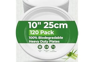 PRIME FEEL 10 Inch Disposable Paper Plates (120 Pack) - 100% Compostable Sugarcane Plates, Heavy-Duty & Eco-Friendly for Parties, Events, BBQs, Camping & Picnics