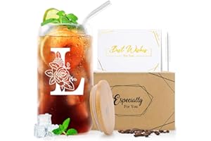 Psukhai A-Z 26 Initial Personalised Birthday Gifts for Women Girlfriend Best Friend Her Mum Sister Friendship Teacher Valentines Christmas Gifts for Dad Him Men, Iced Coffee Cup Gift with Lids Straws