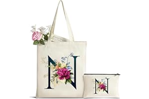 HAMATATA Cadeau Femme Sac Fourre-Tout avec Initiale Fleur, Personnalisés Sac en Toile en Coton Trousse de Maquillage, Cadeaux de Mariée, Cadeau Parfait pour Amie, Mères pour Anniversaire Mariage Voyage Noël