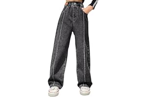 SEAUR Mädchen Jeans Teenager Cargo Hosen Baggy Schlaghose 120-170cm Gummibund Weites Bein Gerade Denim Jeans Bootcut Vintage Casual Cargohose