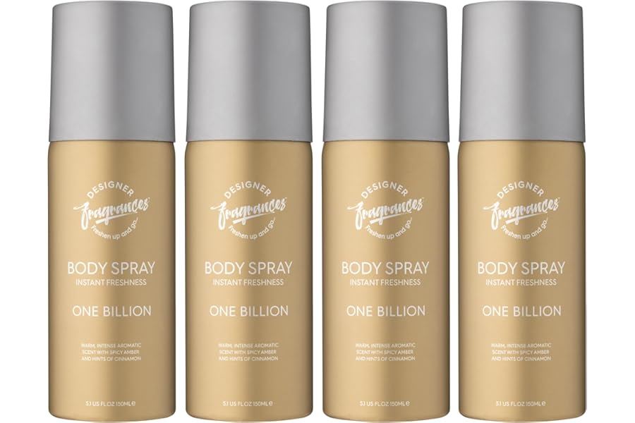 Designer Fragrances 4 Pack One Billion Men's Body Spray Deodorant Cans - For Instant Freshness on The Go - Long Lasting Smell - Great Male Gift Sets - 150ml