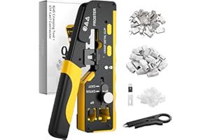 Proster Crimpadora RJ45 Profesional con Diseño de Orificio Pasante para CAT7 - Juego de Herramientas para Crimpar con 20 Conectores Blindados, Pelacables y Hoja de Repuesto - Ideal para Redes de Alta
