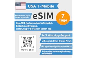 MEWFI USA eSIM T-Mobile 7 Tage, Aktivierung erforderlich, USA-SIM-Karte für eSIM-kompatible freigeschaltete Geräte, unbegrenzte Daten und Ortsgespräche, 4G/5G Hochgeschwindigkeits-Kommunikationsnetz
