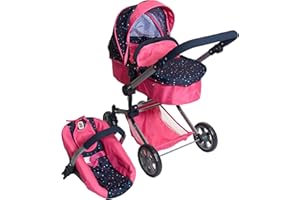 Bayer Chic 2000® 3in1 Kombi Puppenwagen Linus - Konfetti Pink- faltbar, höhenverstellbarer Griff 47-78 cm, mit Autositz – Puppen bis 52 cm, 4-8 J.