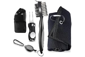 AINTY Golf Accessories Kits, Retractable Golf Club Cleaner Brush, Foldable Golf Divot Repair Tool, Large Microfiber Golf Towel for Golf Bags with Clip, Men Women Gift (Black)