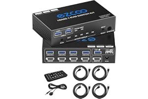 ROFAVEZCO 8K KVM Switch USB 3.0 HDMI 2.1 Switch 4 Ports with Hotkey 8K@60Hz 4K@120Hz VRR G/Sync 48Gbps Share 4 Computers with one Keyboard Mous HDR D-olby Vision HDCP2.2 IR Remote Control USB3.0 Cable x2