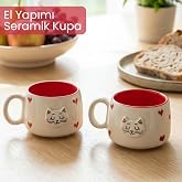 Pawicci 2'li El Yapımı Seramik Kupa Seti, Kedi Desenli Kalp Motifli Stoneware Mug, 200 ml, Kırmızı İ&ccedil;li Doğal Seramik, &Ccedil;ay Ka