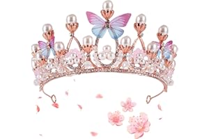 SOUNDZERO Tiara Cristal Couronne, Diademe Princesse Femme, Couronne de Perles de Papillon, Bandeau Couronne Princesse Fille, pour Concours de Mariée Proms de Mariage Princesse Parties (Or Rose)
