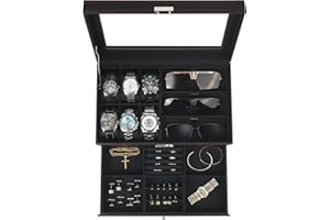 Kukikan Watch Jewellery Box Organiser, Watch Case and Sunglasses Storage with Large Glass Lid, 6 Slots and 2 Layers, Men's Jewellery Box with Lock, Watch Holder Display Case, Gift for Men Women