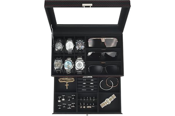 ikan Designerklockfodral, klockfodral och solglasögon, förvaring med glasskydd, 6 fack, 2 lager, smyckeskrin för män med lås, klockhållare displaybox, present till män och kvinnor