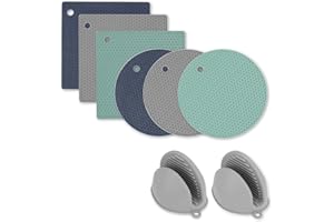 Uktunu Silikon Topf-Untersetzer und Ofenhandschuhe Set 6er Tischset Silikon Topfuntersetzer 2er Handschuhe Pot Holder Anti-Rutsch Topflappen und Hitzebeständig bis 250°C Mehrfarbig