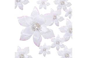 Cindeer 36 Piezas 3 Tamaños Flores de Navidad Artificiales Flores de Pascua con Purpurina Flores de Adornos de Árbol de Navidad Falsas con Clips para Año Nuevo, 10 cm, 15 cm y 22 cm (Blanco)