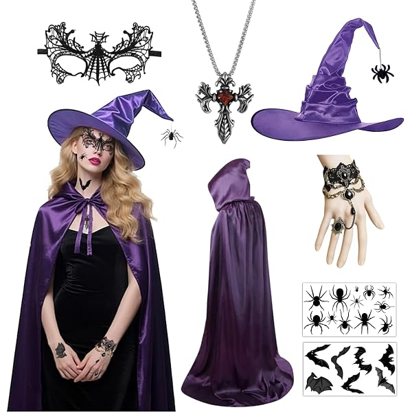 19-teiliges Hexenkostüm Set Für Damen – Komplett-Outfit Mit Umhang, Hexenhut, Netzstrümpfen & Mehr Für Halloween & Cosplay