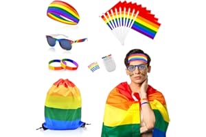 PAEZM 17 Pieces Rainbow Pride Set - Rainbow Headband Glasses Face Paint Cape Mini Handheld Flags Sports Bracelets Drawstring Bag for LGBTQ Pride Accessories Pride Month Party Supplies