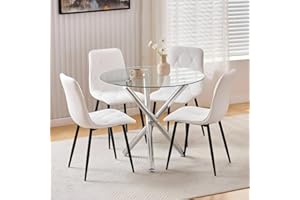 Homullel Round Dining Table and 4 Chairs, 4 Seater Table and Chairs Set for 4, Compact Kitchen Dining Room Set for Space Saving, Glass Tabletop 90 cm (Velvet Diamond White, 4 Seaters)